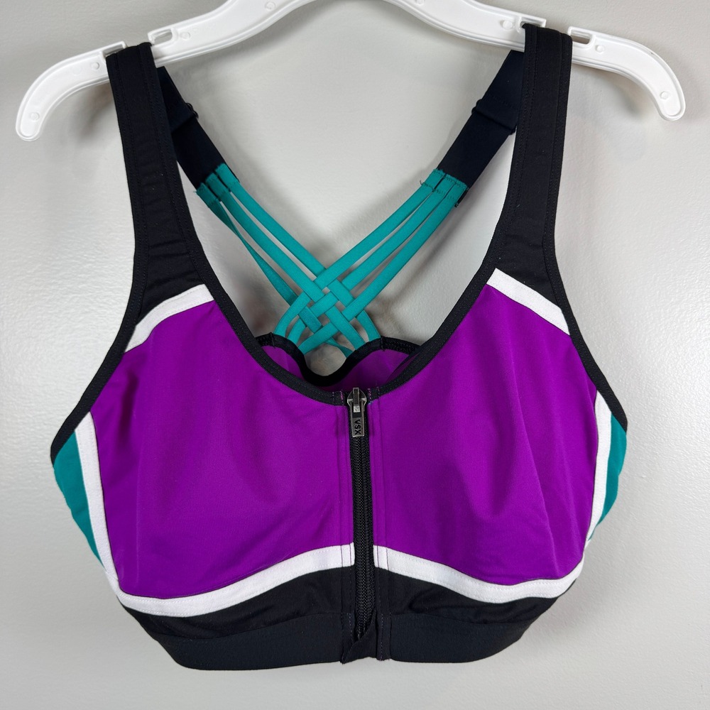 Victoria's Secret VSX Sports Bra Purple Teal Front Zip Underwire Padded 36B